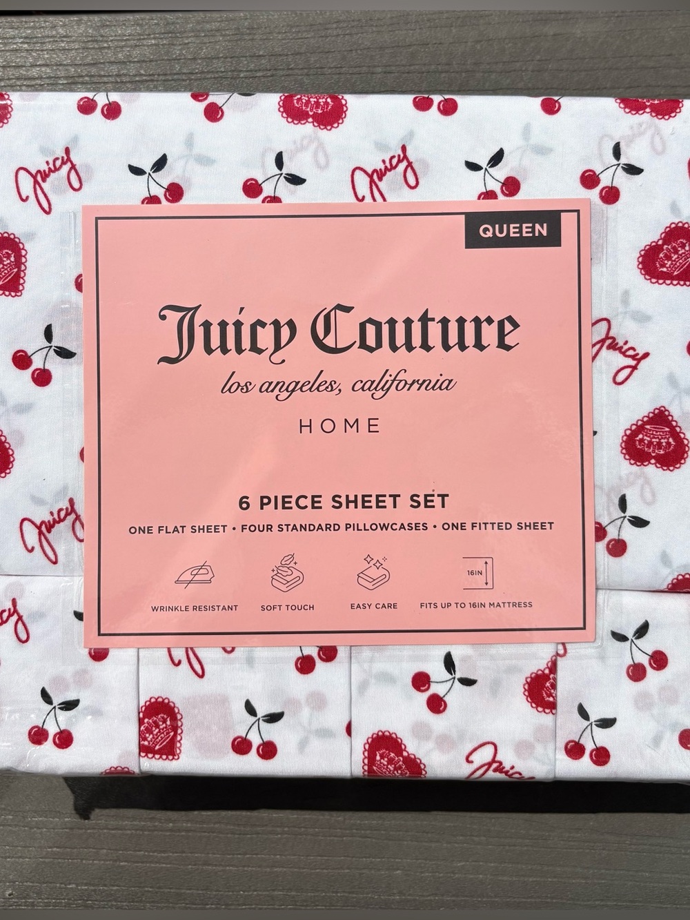 Juicy Couture Cherry Crown Heart 6PC Queen Sheet Set